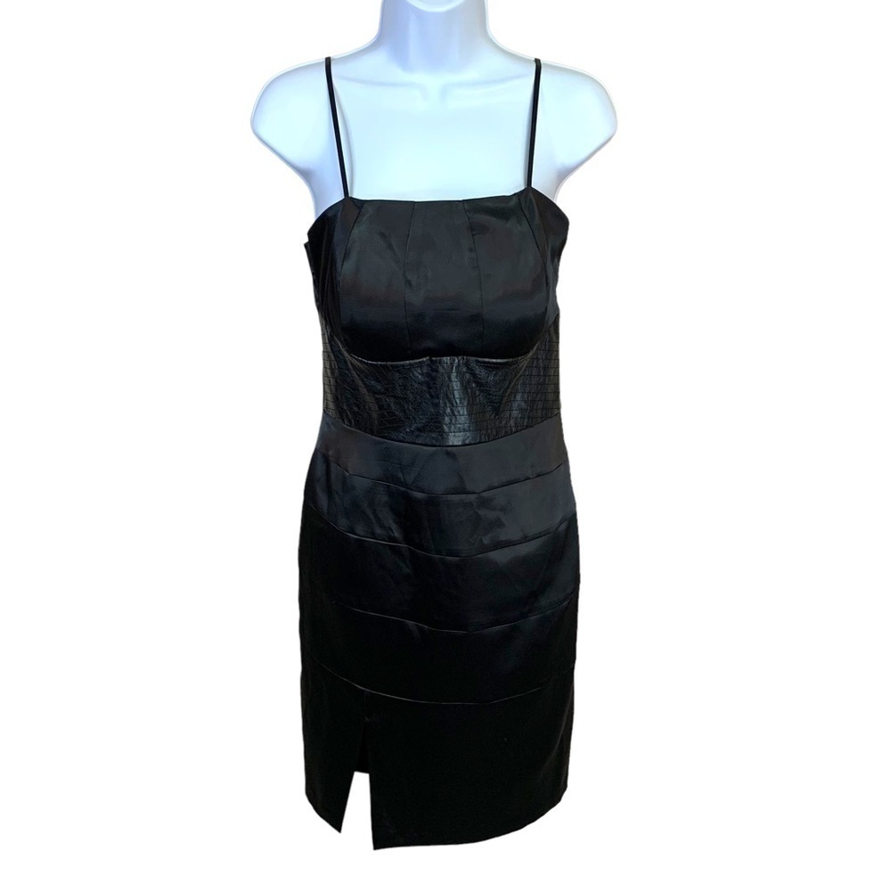 Size 5 6 XOXO Black Satin Faux Leather Cocktail Dress Sleeveless Small Event
